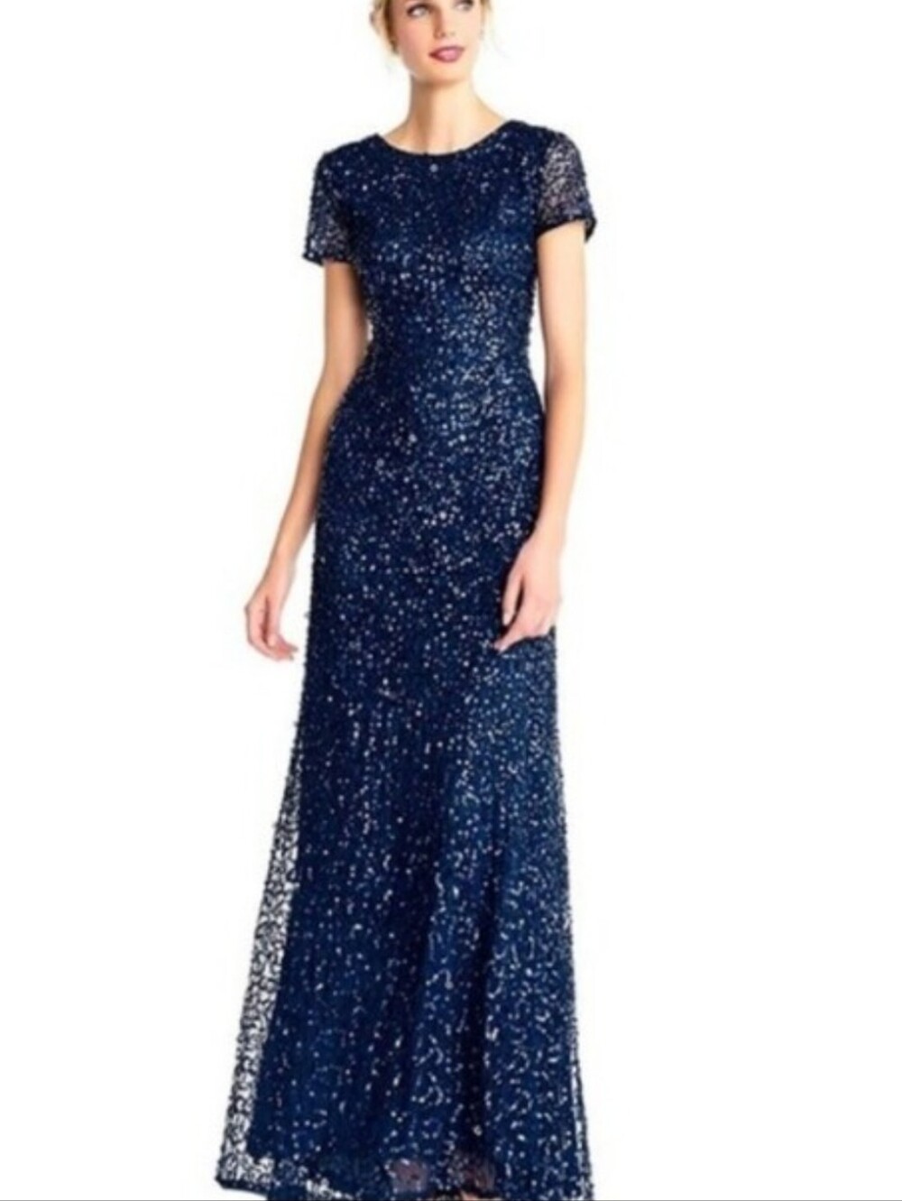 Adrianna Papell Women's Navy Sequin Short-Sleeve Evening Gown